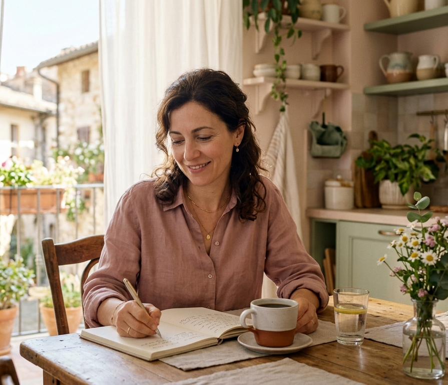 Donna che pianifica le finanze in cucina con luce naturale