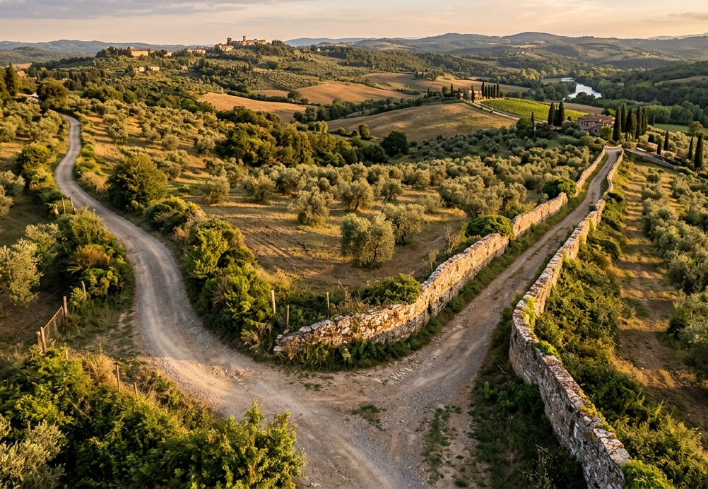 Due percorsi che si dividono nella campagna italiana al tramonto