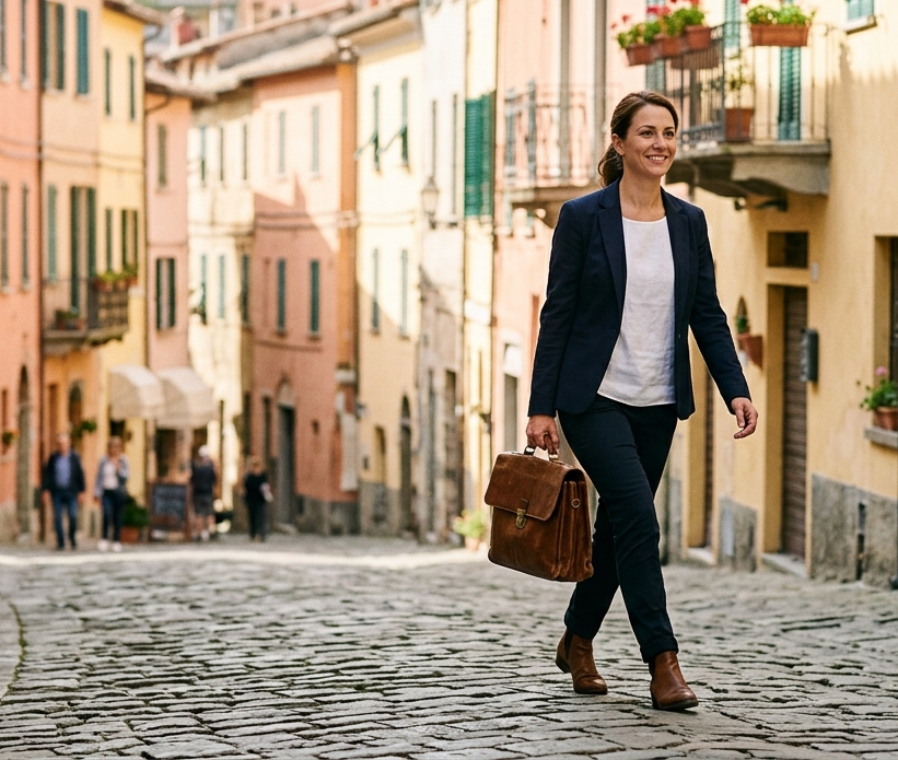 Persona cammina con fiducia in una via italiana soleggiata