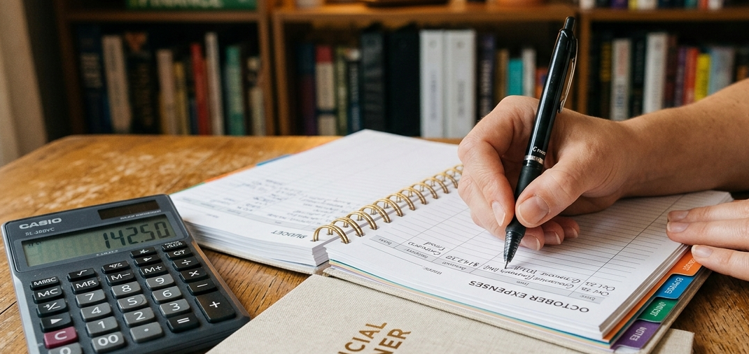 Mani che scrivono in un quaderno di pianificazione finanziaria con calcolatrice