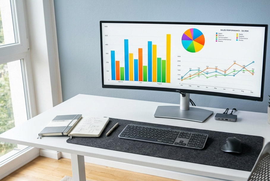 Workspace moderno con monitor che mostra grafici e diagrammi colorati